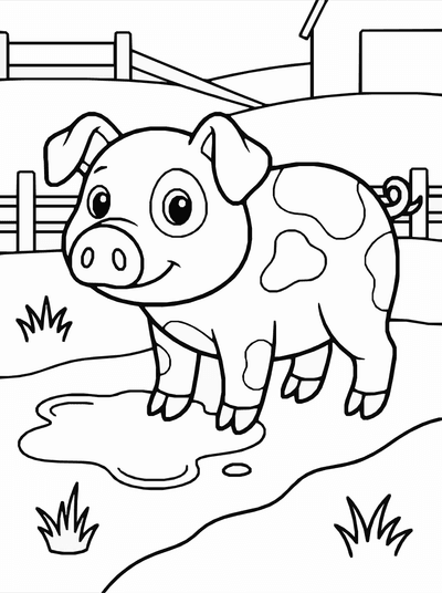 Free printable Cute Pig Coloring Page – Farm Mud Scene Printable coloring page