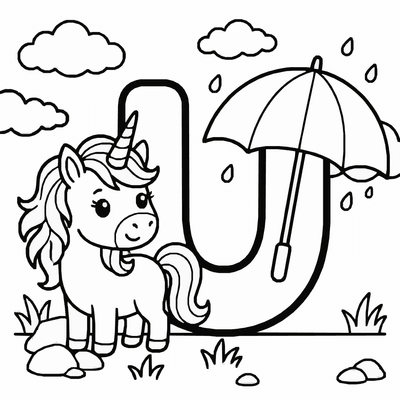 Free printable Letter U Coloring Page – Umbrella and Unicorn Alphabet Printable for Kids coloring page