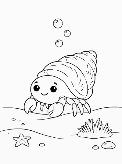 Free printable Hermit Crab Coloring Page – Shell Home Ocean Printable coloring page