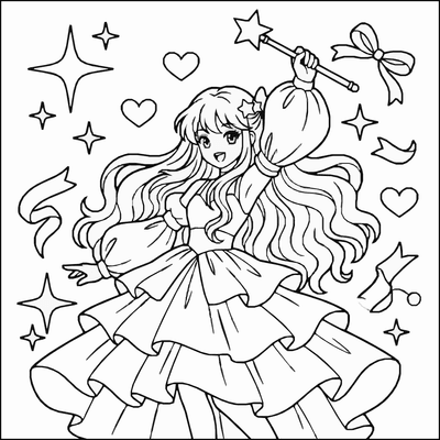 Free printable Anime Magical Girl Coloring Page – Magic Transformation Printable coloring page