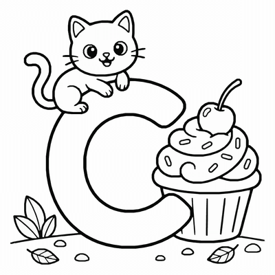 Free printable Letter C Coloring Page – Cat and Cupcake Alphabet Printable for Kids coloring page