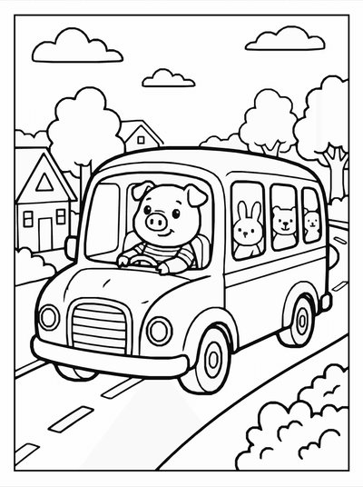 Free printable Pig Riding Bus Coloring Page coloring page