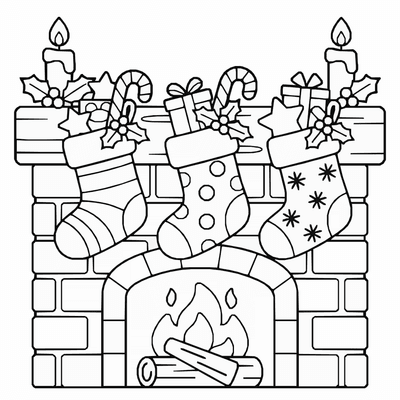 Free printable Christmas Stocking Coloring Page – Cozy Fireplace Scene Printable coloring page