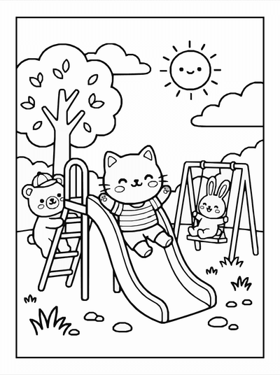 Free printable Kawaii Cat Playground Coloring Page – Fun Scene A4 coloring page