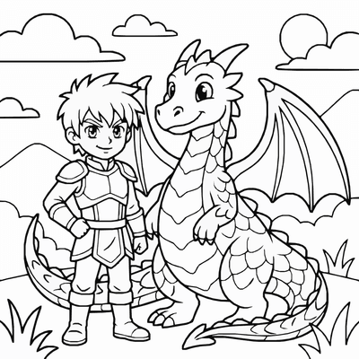Free printable Anime Dragon Coloring Page – Young Warrior and Dragon Printable coloring page