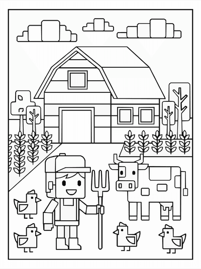 Free printable Roblox Farm Scene Coloring Page – Block Farming A4 coloring page