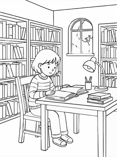 Free printable Kids Reading Library Coloring Page coloring page