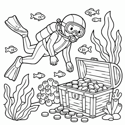 Free printable Underwater Treasure Coloring Page – Ocean Hunt Scene Printable coloring page