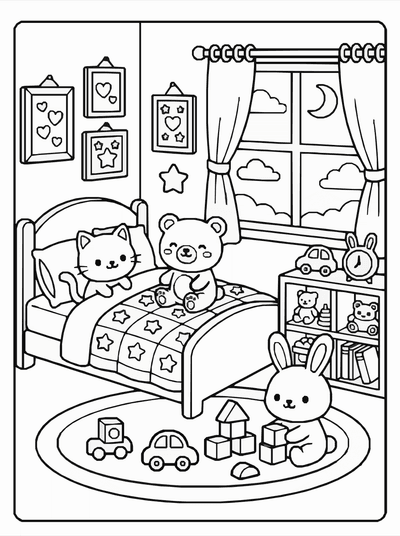 Free printable Kawaii Friends Bedroom Coloring Page – Cozy Room A4 coloring page