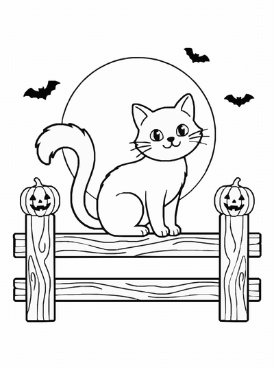 Free printable Black Cat Coloring Page – Halloween Fence Scene Printable coloring page