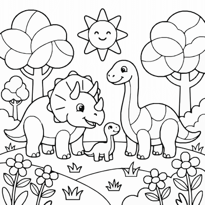 Free printable Dinosaur Family Coloring Page – Prehistoric Family Scene Printable for Kids coloring page