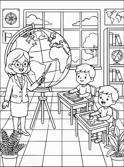 Free printable Geography Class Coloring Page – Classroom Globe Lesson Printable coloring page