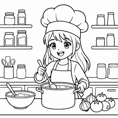 Free printable Anime Chef Girl Coloring Page – Cute Kitchen Cooking Printable coloring page