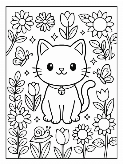 Free printable Kawaii Cat Garden Coloring Page – Flower Scene A4 coloring page