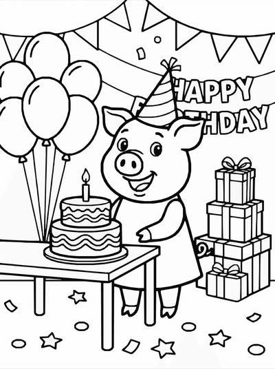 Free printable Cute Pig Birthday Party Coloring Page coloring page