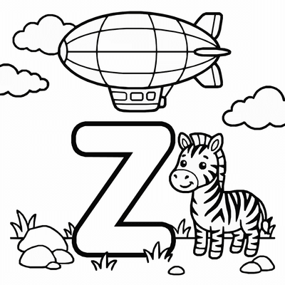 Free printable Letter Z Coloring Page – Zebra and Zeppelin Alphabet Printable for Kids coloring page