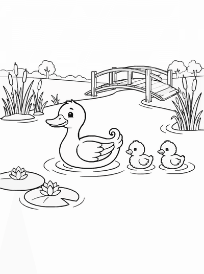 Free printable Duck Coloring Page – Family Pond Scene Printable coloring page