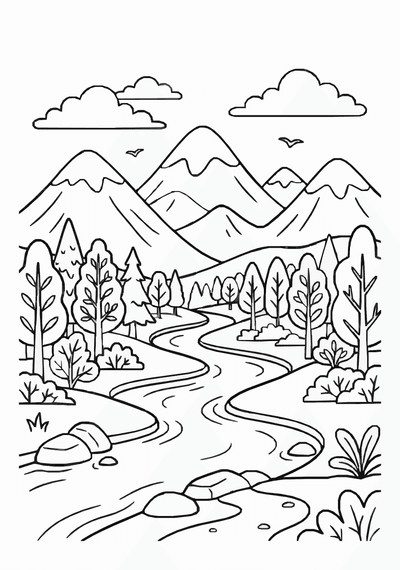 Free printable Nature Coloring Page with Mountains and River coloring page