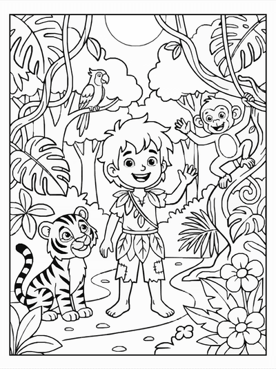 Free printable Jungle Boy Coloring Page – Adventure Cartoon A4 Printable coloring page