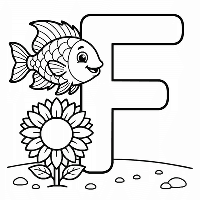 Free printable Letter F Coloring Page – Fish and Flower Alphabet Printable for Kids coloring page