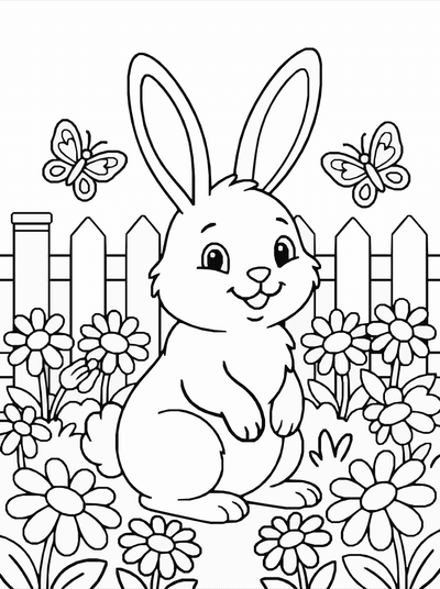 Free printable Bunny Coloring Page – Cute Rabbit in Flower Garden Printable coloring page