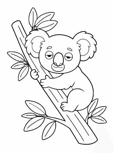 Free printable Koala Coloring Page – Sleeping on Eucalyptus Branch Printable coloring page