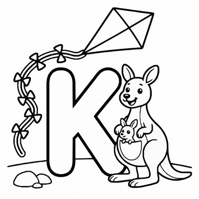Free printable Letter K Coloring Page – Kangaroo and Kite Alphabet Printable for Kids coloring page