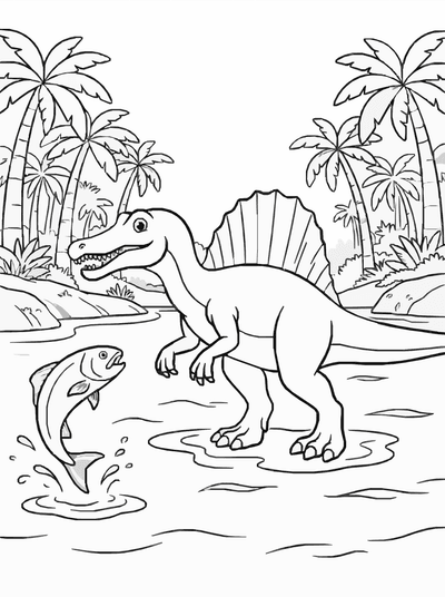 Free printable Spinosaurus Coloring Page – Prehistoric River Hunt Printable for Kids coloring page
