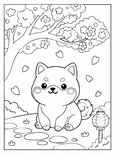Free printable Kawaii Shiba Inu Coloring Page – Cute Cherry Blossom Walk A4 coloring page