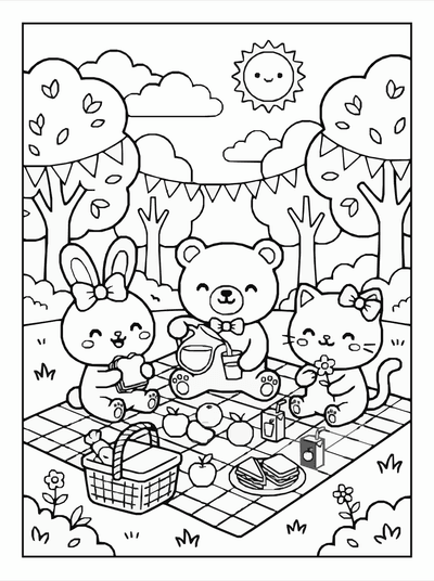 Free printable Kawaii Friends Picnic Coloring Page – Cute Park Scene A4 coloring page