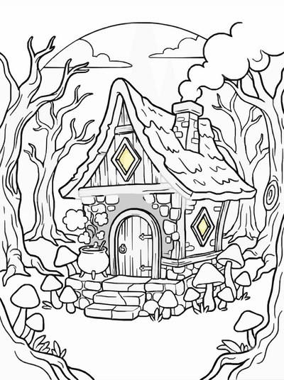 Free printable Witch Cottage Coloring Page – Dark Forest Halloween Printable coloring page