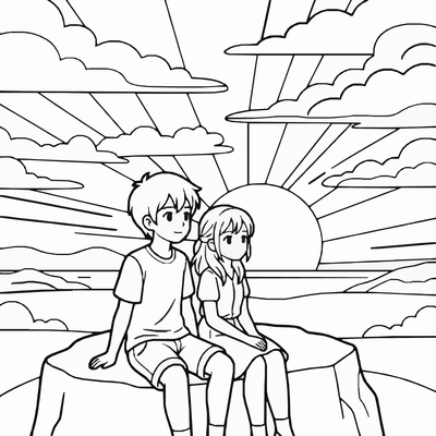 Free printable Anime Couple Coloring Page – Romantic Sunset Scene Printable coloring page