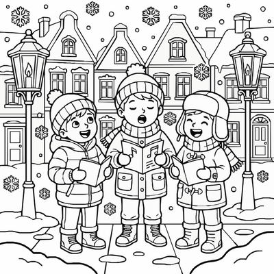 Free printable Christmas Carolers Coloring Page – Snowy Night Scene Printable coloring page