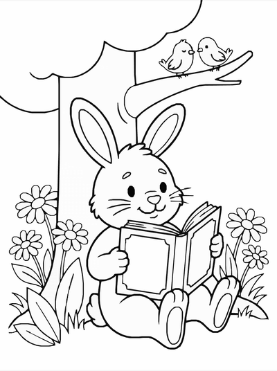 Free printable Bunny Reading Coloring Page – Cozy Tree Reading Scene Printable coloring page