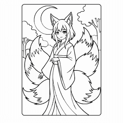 Free printable Anime Fox Girl Coloring Page – Spirit Fox Character Printable coloring page