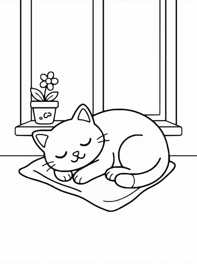Free printable Cute Cat Coloring Page – Cozy Window Scene Printable coloring page