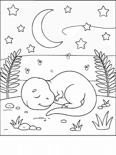 Free printable Sleeping Dinosaur Coloring Page – Prehistoric Night Scene Printable for Kids coloring page