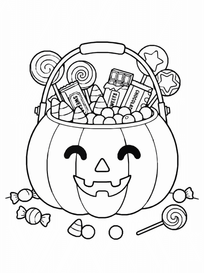 Free printable Halloween Candy Coloring Page – Trick or Treat Bucket Printable coloring page