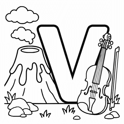 Free printable Letter V Coloring Page – Volcano and Violin Alphabet Printable for Kids coloring page