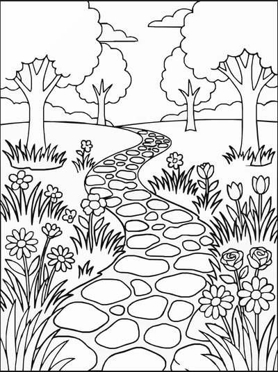 Free printable Garden Path Flowers Coloring Page coloring page