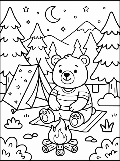Free printable Cute Bear Camping Coloring Page coloring page