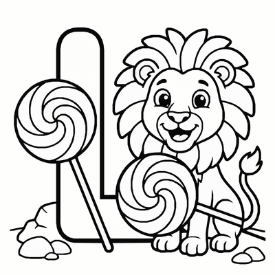 Free printable Letter L Coloring Page – Lion and Lollipop Alphabet Printable for Kids coloring page