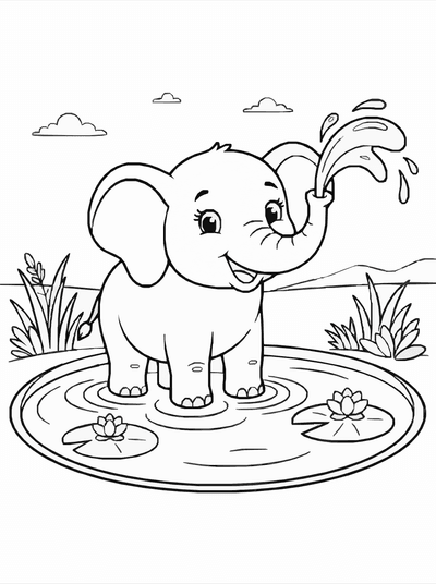 Free printable Elephant Coloring Page – Baby Elephant Bath Time Printable coloring page