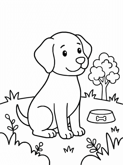 Free printable Cute Dog Coloring Page – Simple Yard Scene Printable coloring page