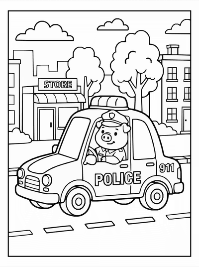 Free printable Pig Police Car Coloring Page coloring page