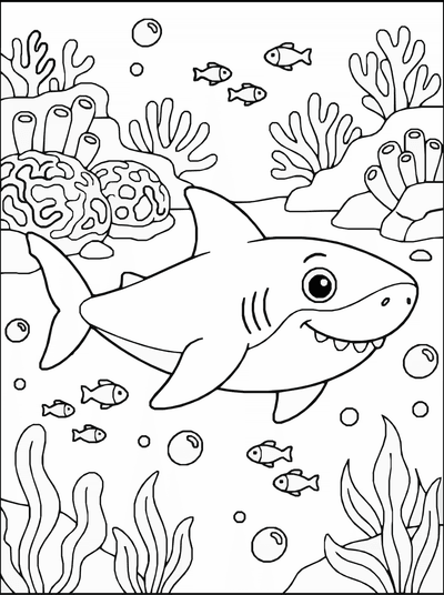 Free printable Shark Coloring Page – Friendly Underwater Scene Printable coloring page