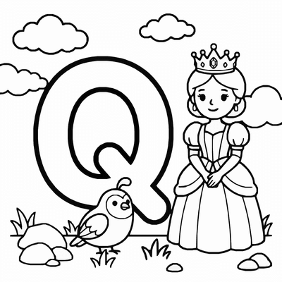 Free printable Letter Q Coloring Page – Queen and Quail Alphabet Printable for Kids coloring page