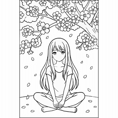 Free printable Anime Girl Coloring Page – Cherry Blossom Scene Printable coloring page