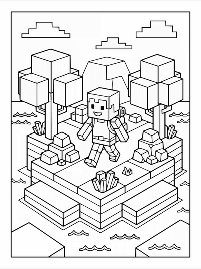 Free printable Roblox Adventure Island Coloring Page – Block Nature Scene A4 coloring page