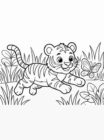 Free printable Tiger Coloring Page – Tiger Cub Playing in Grass Printable coloring page